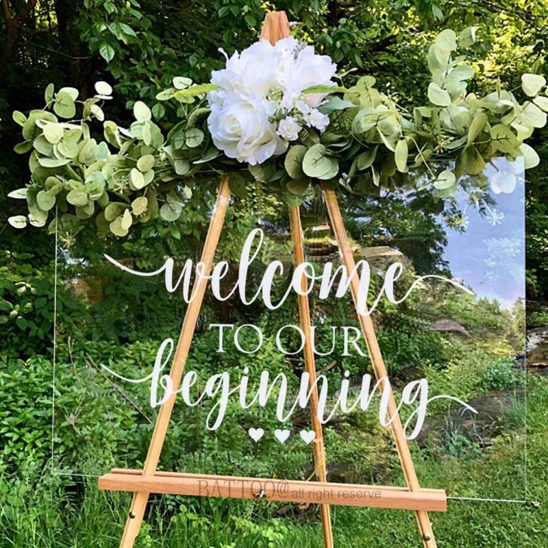 BATTOO Wedding Welcome Sign Decal Welcome to Our Beginning Couples Wedding Reception Home Adhesive Sticker - Marriage Wedlock of Love Wedding Ceremony Decal 26" Wide by 14.5" Tall, White - Image 1